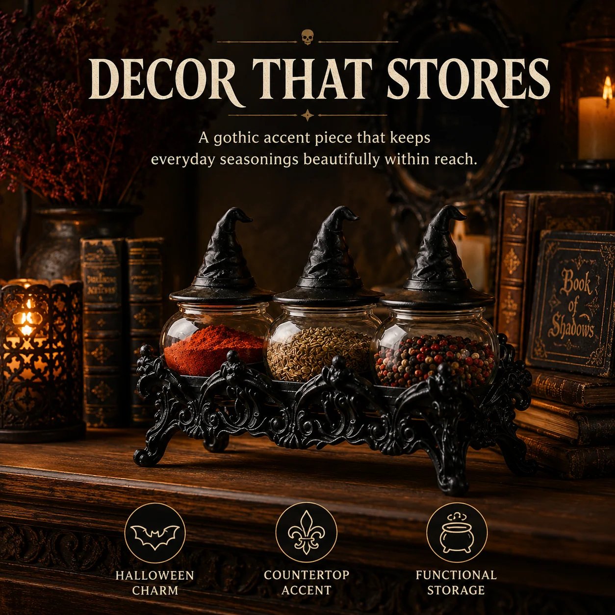 🧙‍♀️Witch-Hat Gothic Spice Jar Set — Ornate Resin Rack + 3 Glass Jars