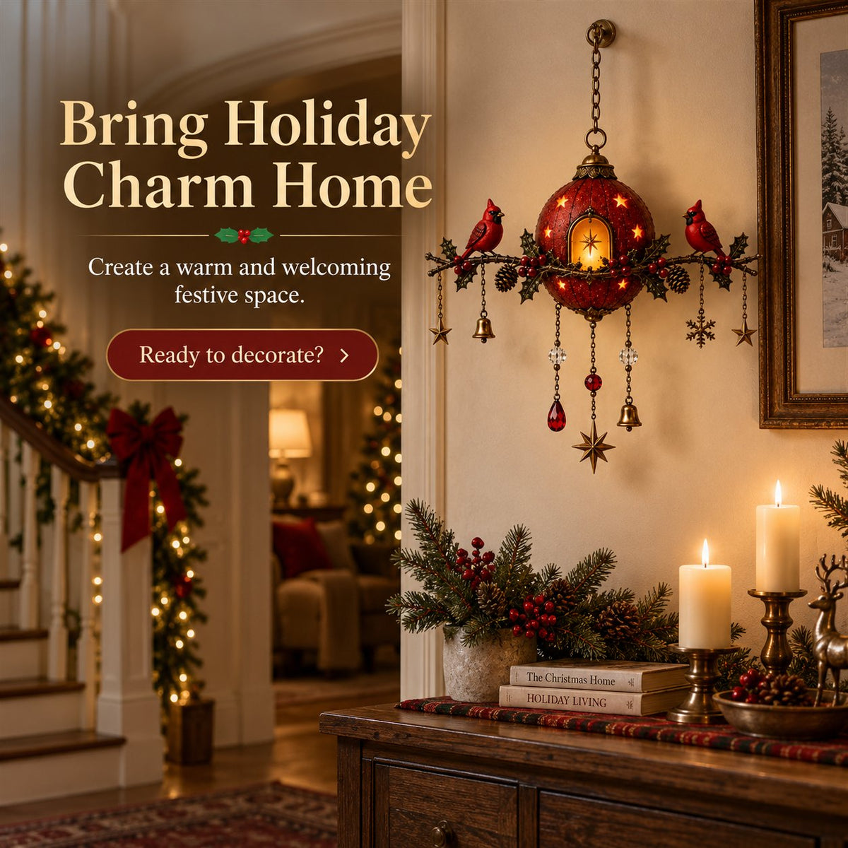 Illuminated Christmas hanging ornament with red cardinals – Festive wall decoration with warm light
