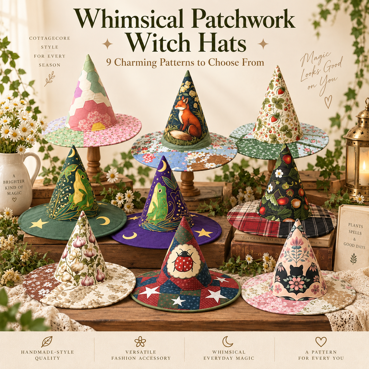 🔥Last Day 49% OFF - 🧙‍♀️ ✨ Quilted Patchwork Witch Hat – Choose Your Magical Pattern