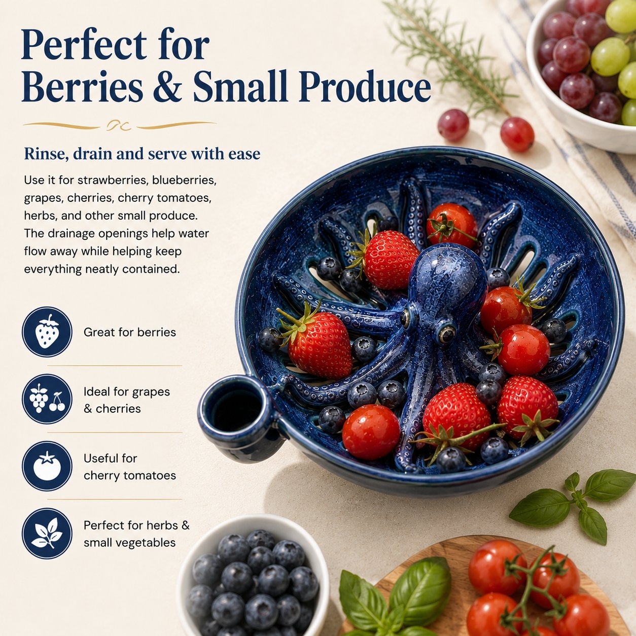 Bold Indigo Octopus Berry Colander