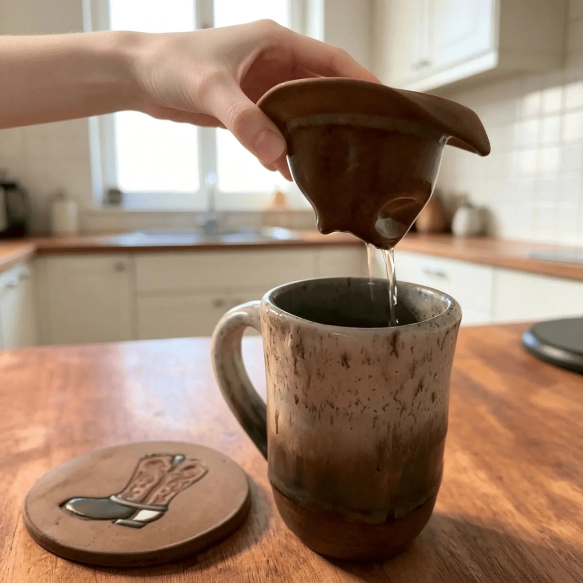 📍🤠 Cowboy Hat Ceramic Tea Mug Set | Western Handmade Cup with Hat Tea Strainer & Cowboy Boot Coaster, Rustic Farmhouse Gift
