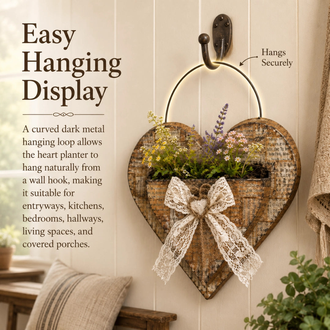 Vintage Farmhouse Heart Wall Planter with Lace Bow