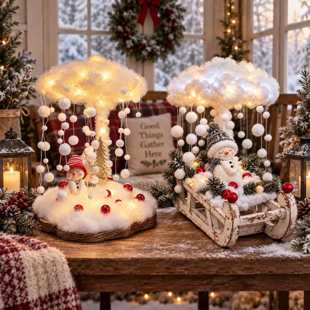 Lighted Snowfall Cloud Snowman Scene