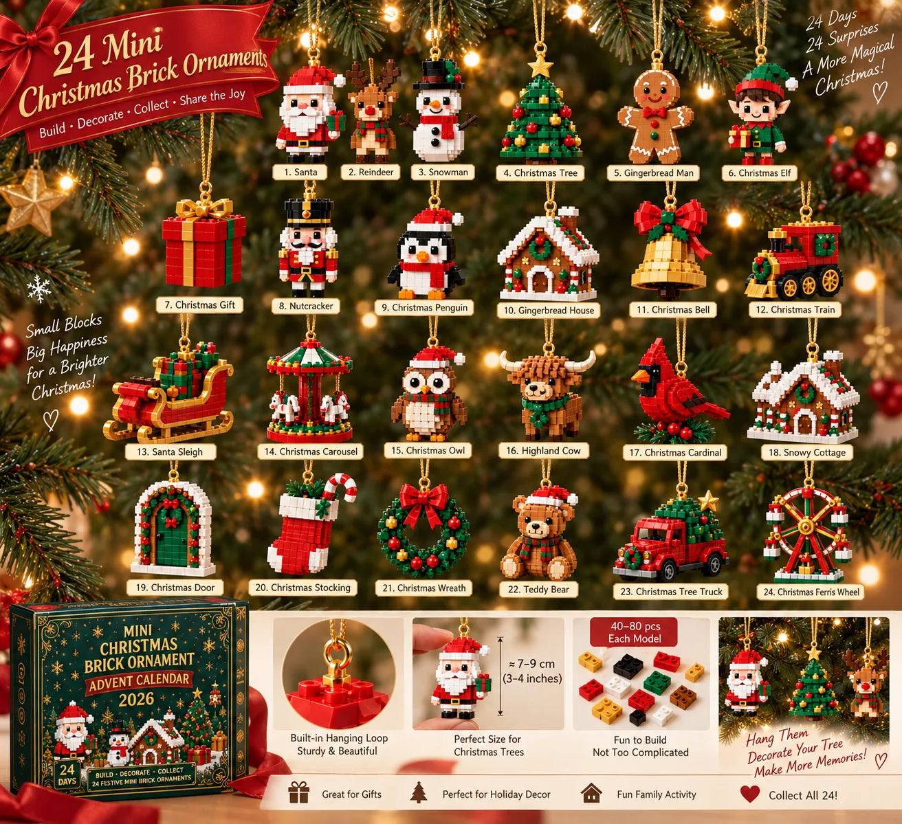 🎄🧱 Build & Hang Christmas Countdown – 24 Mini Holiday Brick Ornaments