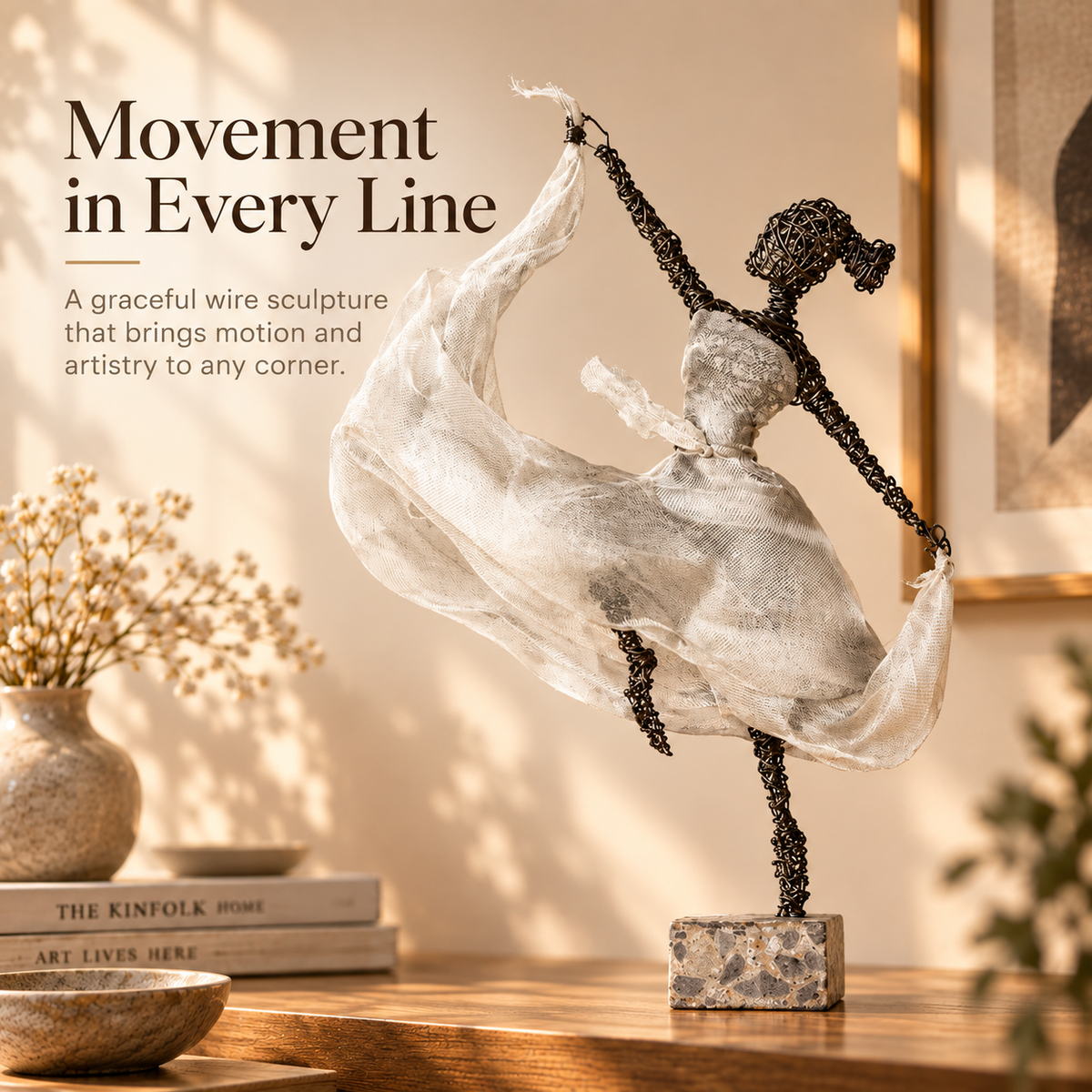 Wire ballet sculpture emphasizing movement in every line
