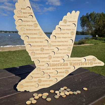 American Waterfowl Challenge Wooden Map 🦆 – Engraved 41 Species Duck Hunting Wall Decor & Harvest Tracker
