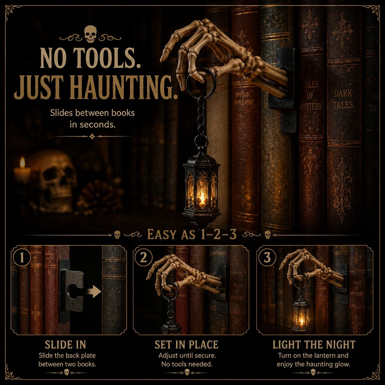 ⏳ Last Day 49% OFF – 💀 Skeleton Hand Lantern Bookshelf Light | Battery-Powered Gothic Shelf Décor with Warm Amber LED, Cord-Free Design & No-Tool Setup 🕯️