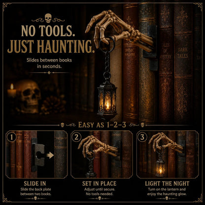 ⏳ Last Day 49% OFF – 💀 Skeleton Hand Lantern Bookshelf Light | Battery-Powered Gothic Shelf Décor with Warm Amber LED, Cord-Free Design & No-Tool Setup 🕯️