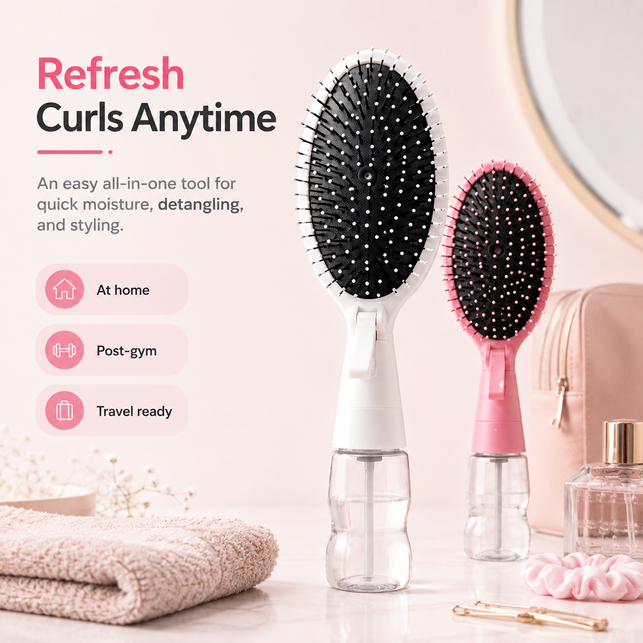 💦🪮 2-in-1 Mist & Style Detangling Brush – Refillable Curl Refresh Hair Tool