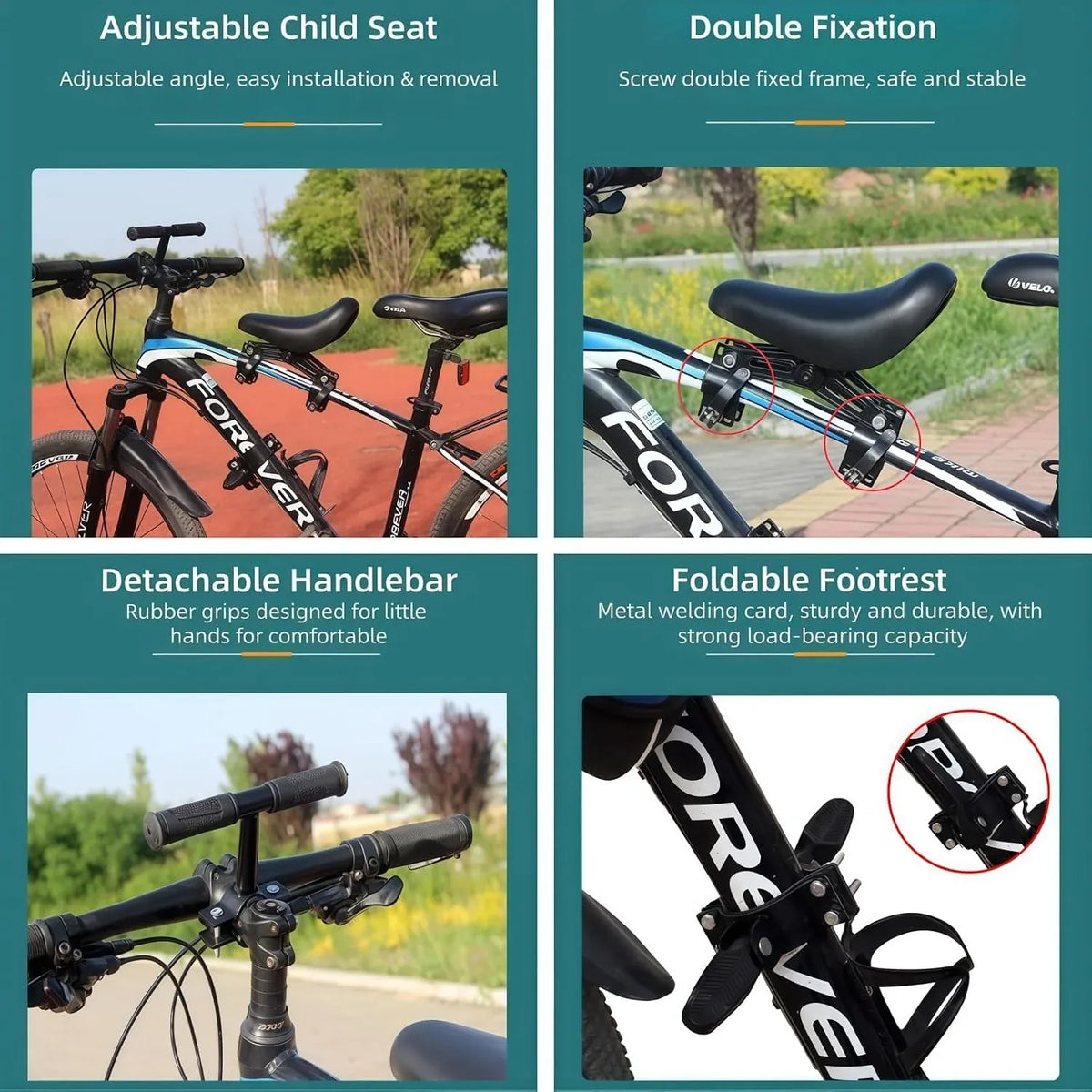 Front-Mounted Kids Bike Seat Set with Handlebar & Folding Foot Pedals