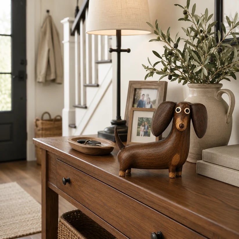 💯💡Whimsical Wood-Look Dachshund Sculpture