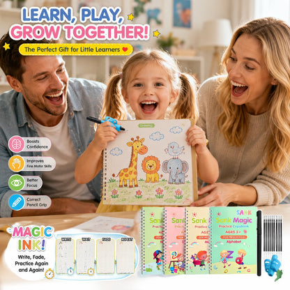 📚 Reusable Kids Handwriting Practice Set – 4 Learning Books with Magic Tracing Pen ✏️✨