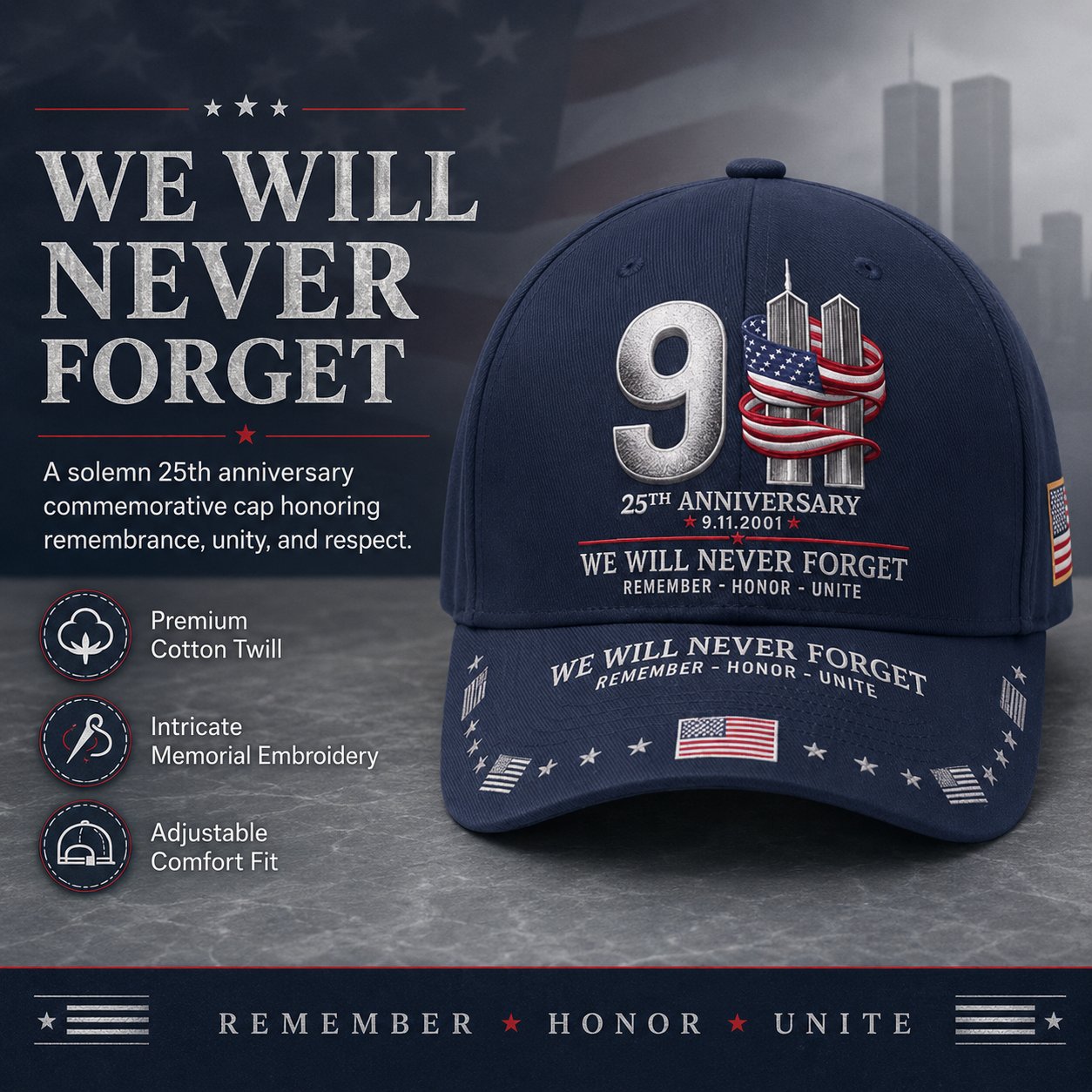 🇺🇸 9/11 25th Anniversary “We Will Never Forget” Memorial Embroidered Cap