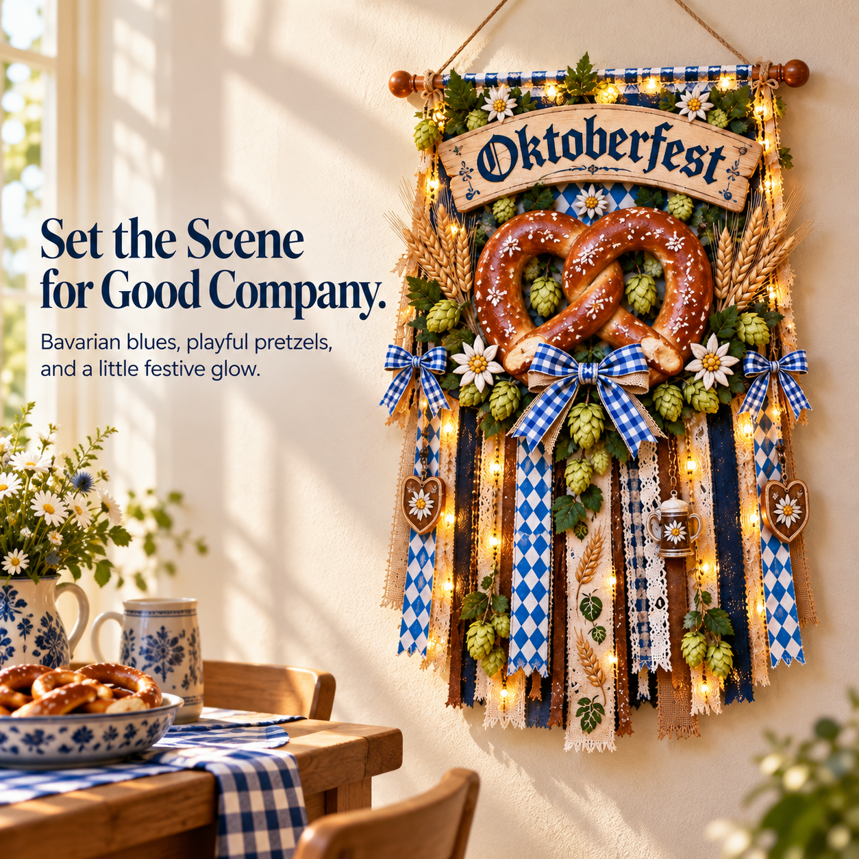 Pretzel and Hops hanging displayed beside a festive table indoors