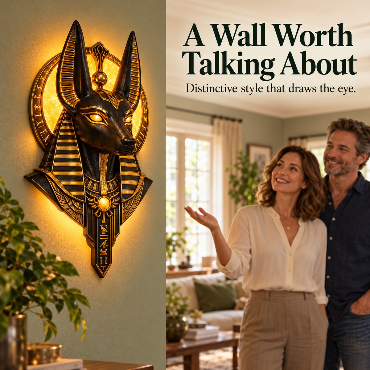 A couple admiring a lit Anubis wall sculpture in their home