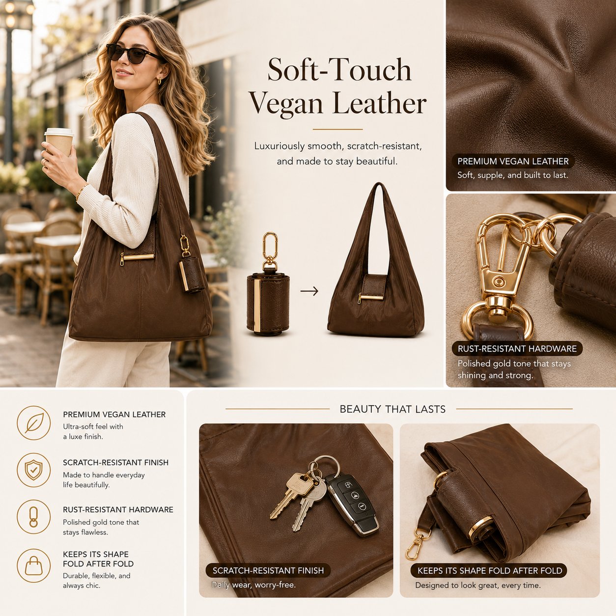 🎁Varelli Charm Transformable Bag – Stylish Vegan Leather Tote & Keychain Charm