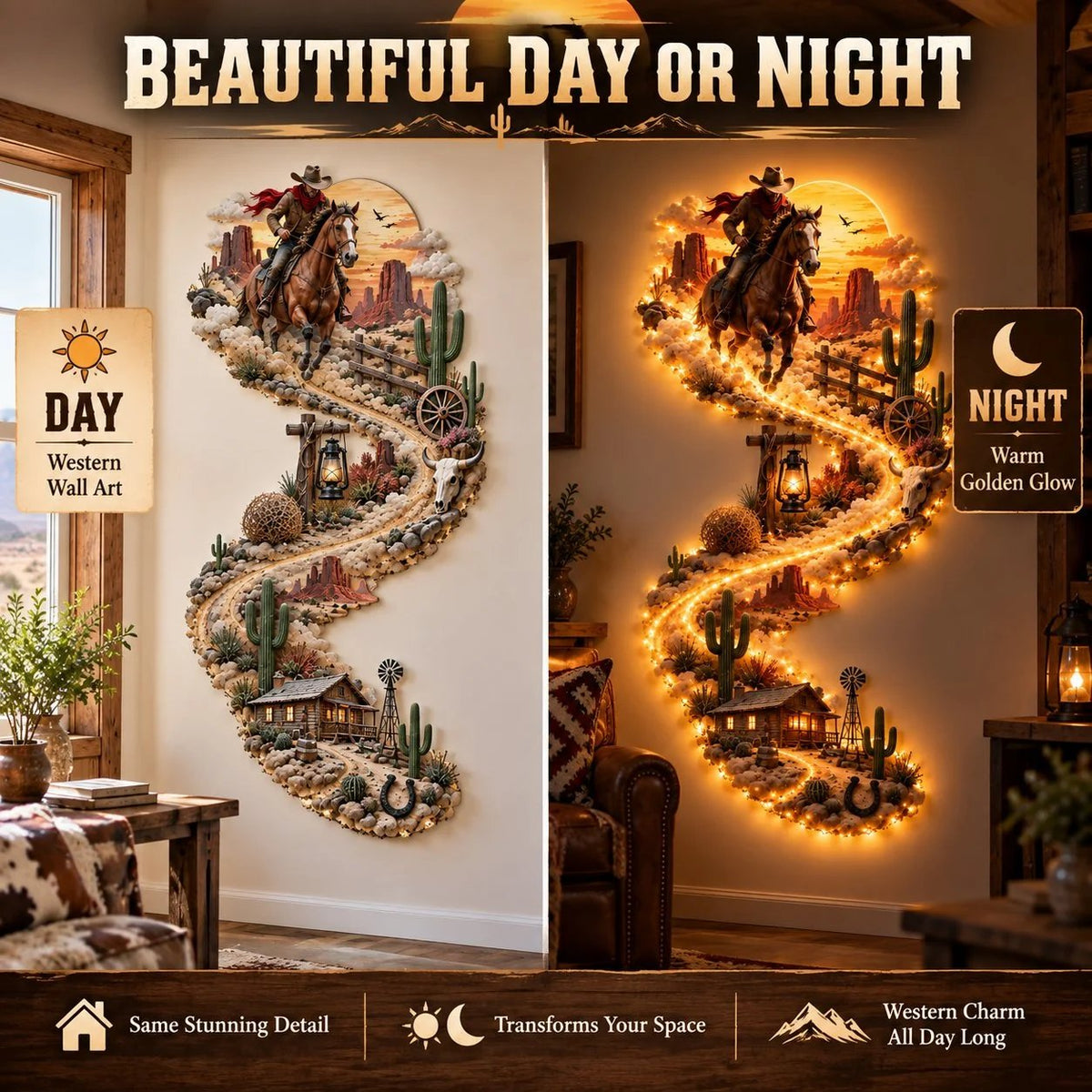 Detailed Western cowboy wall light with desert and ranch elements