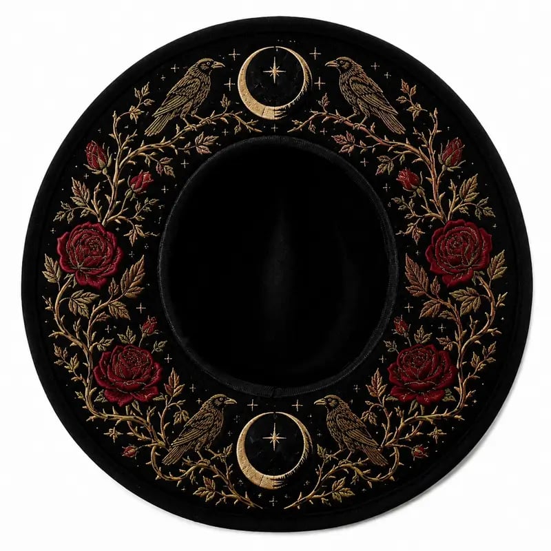 🖤 Gothic Embroidered Wide Brim Fedora Hat 🌙