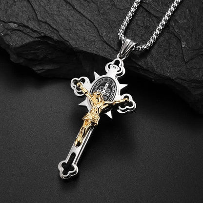 ✝️ Faith & Strength Cross Pendant – Saint Benedict-Inspired Stainless Steel Necklace