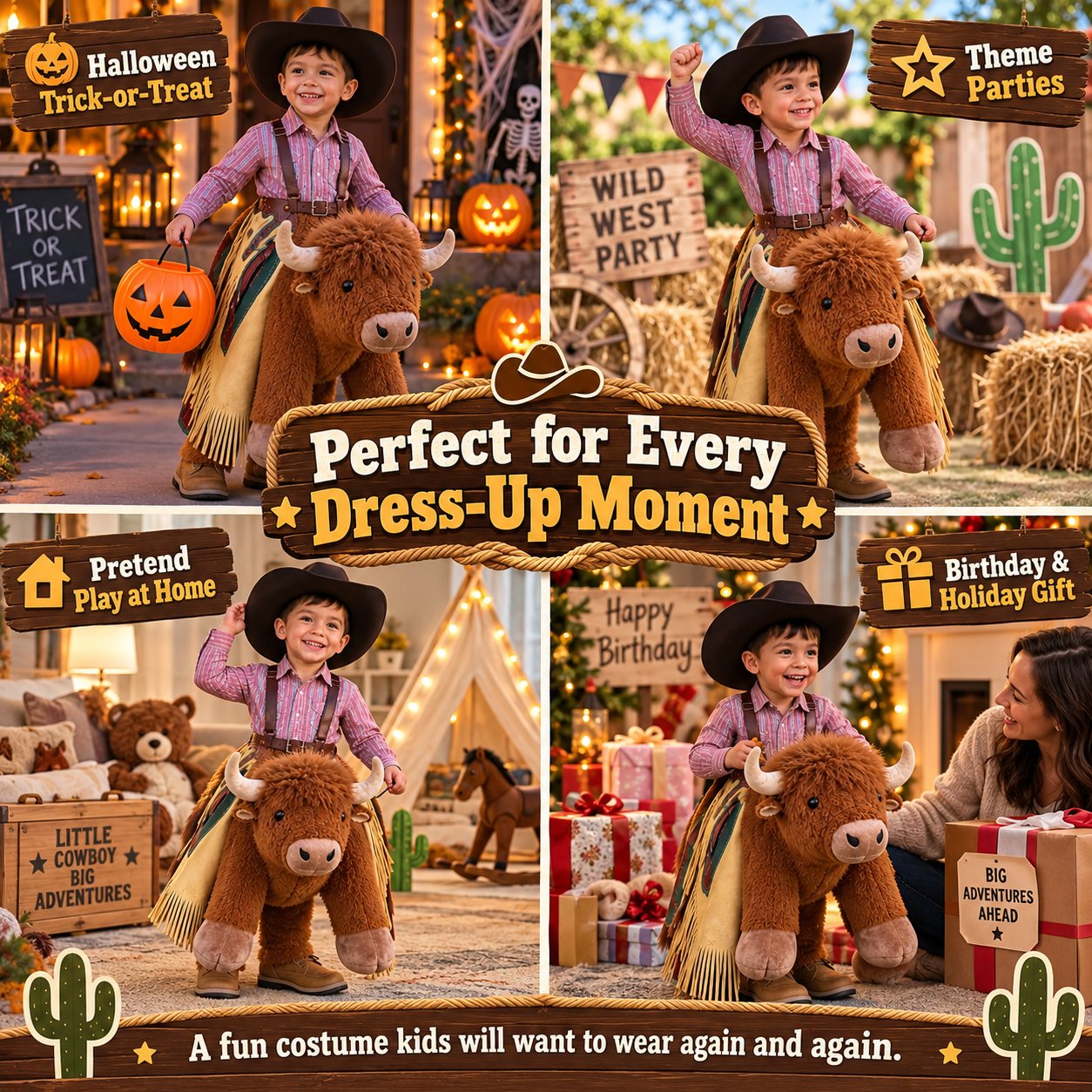 Plush Bull Rider Ride‑On Kids Costume, Adjustable Harness Toddler Halloween Outfit