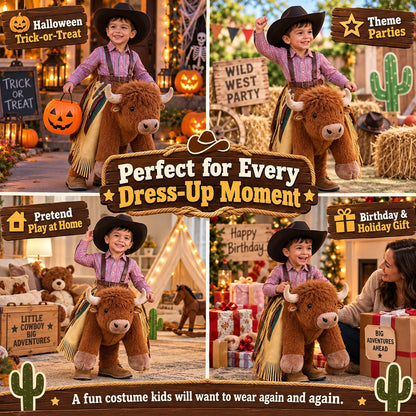 Plush Bull Rider Ride‑On Kids Costume, Adjustable Harness Toddler Halloween Outfit