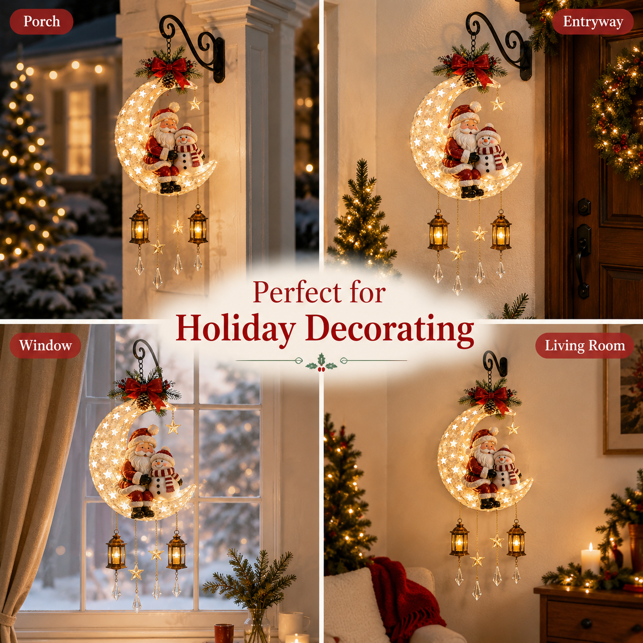 🎄 Lighted Santa &amp; Snowman Crescent Moon Christmas Hanging Decor