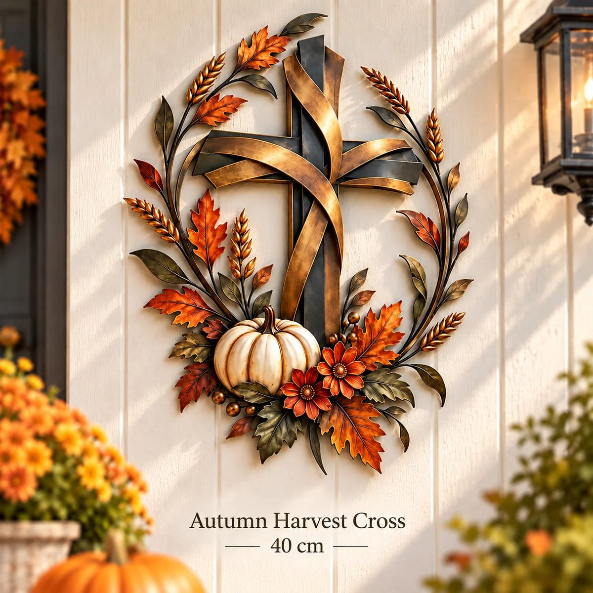 🍂 Autumn Harvest Cross Metal Wall Decor With White Pumpkin