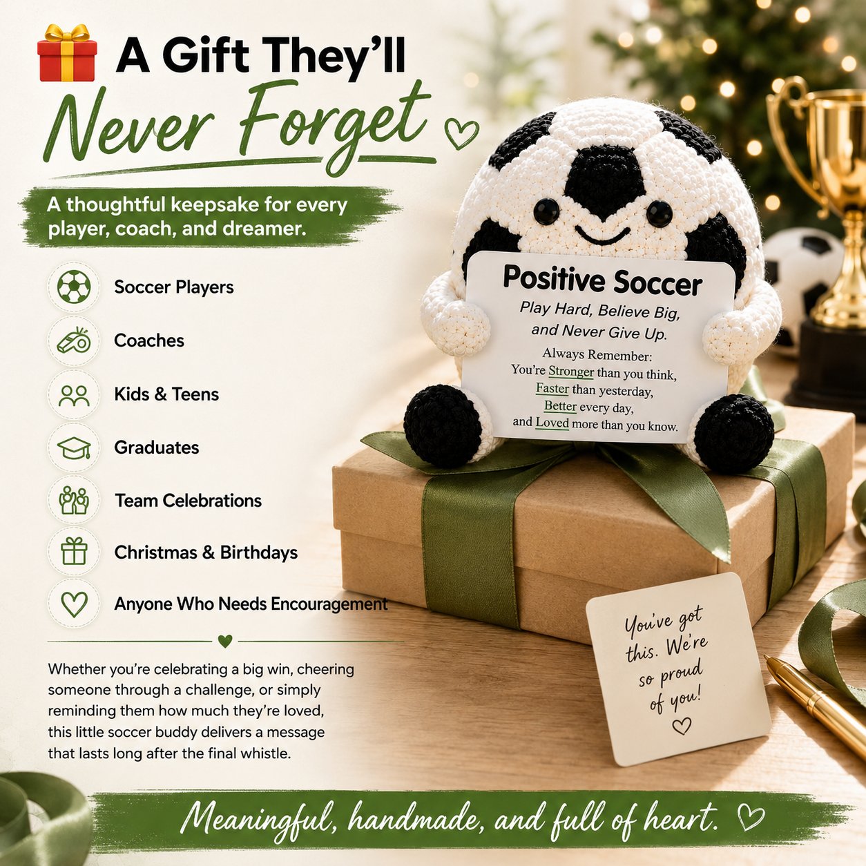 ⚽ Positive Soccer Buddy|Handmade Crochet Encouragement Gift 💚