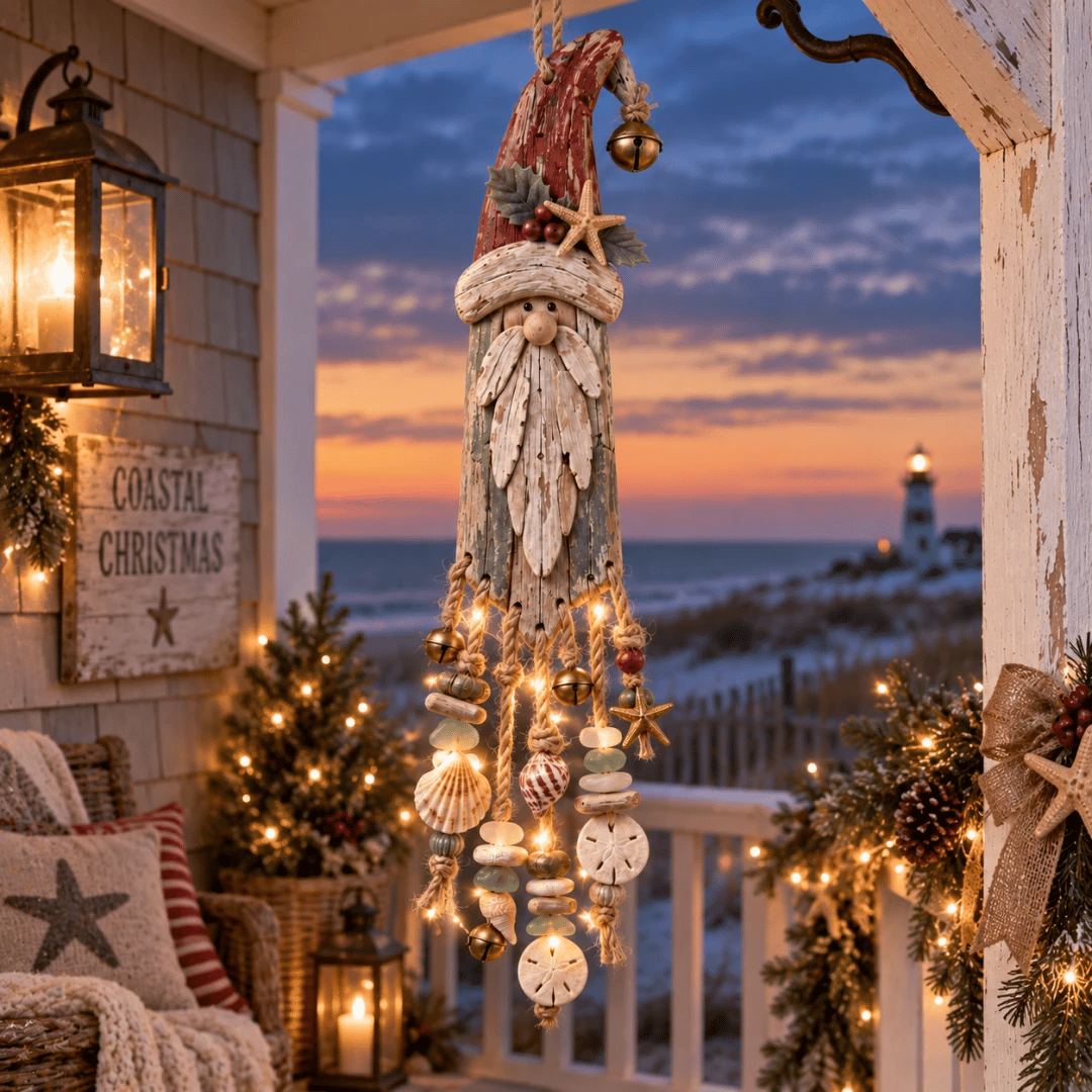 🔔🎄Vintage Coastal Santa Lighted Wall Decor – Beach House Christmas Hanging with Starfish, Shells & Warm Glow🌙