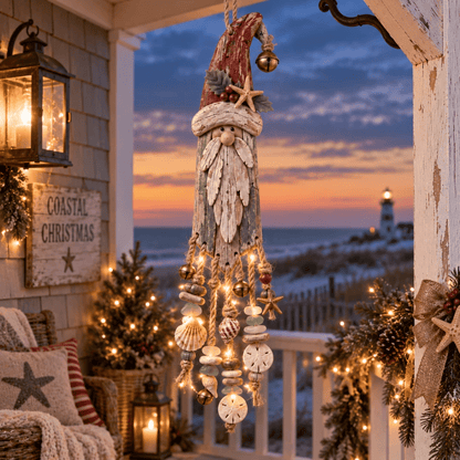 🔔🎄Vintage Coastal Santa Lighted Wall Decor – Beach House Christmas Hanging with Starfish, Shells & Warm Glow🌙