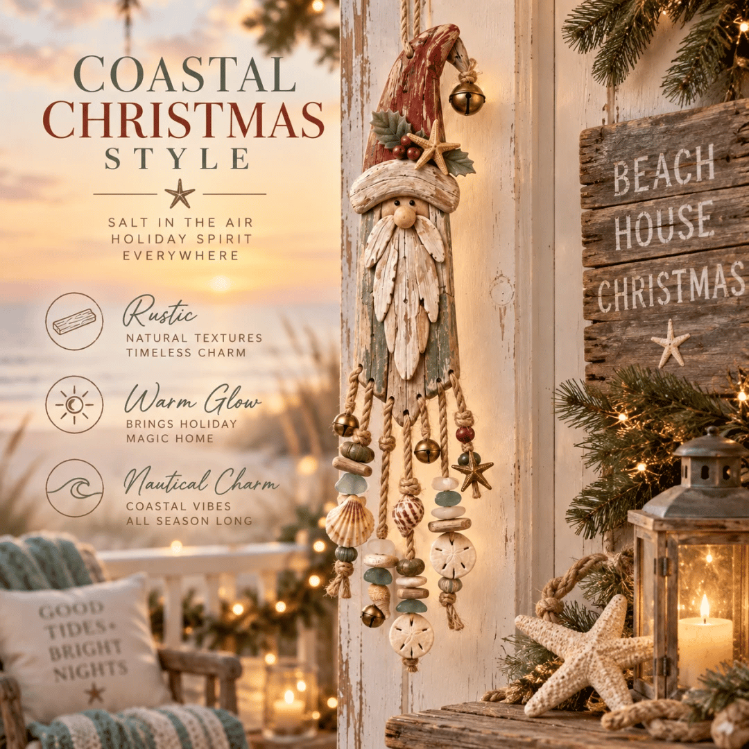 🔔🎄Vintage Coastal Santa Lighted Wall Decor – Beach House Christmas Hanging with Starfish, Shells & Warm Glow🌙