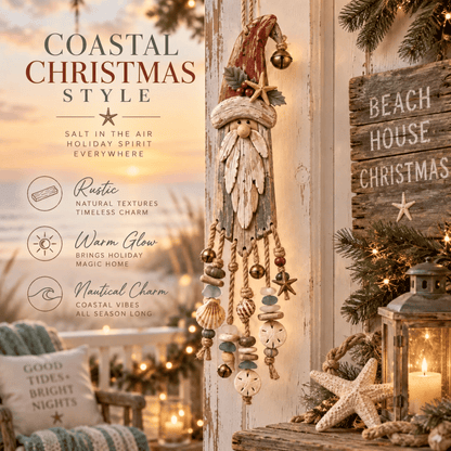 🔔🎄Vintage Coastal Santa Lighted Wall Decor – Beach House Christmas Hanging with Starfish, Shells & Warm Glow🌙