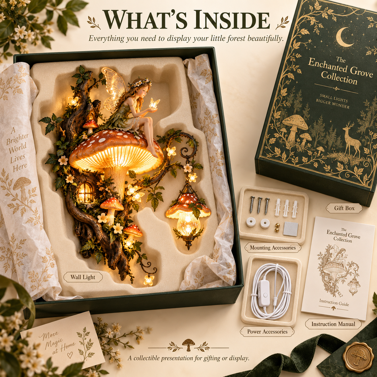 Enchanted fairy mushroom wall light package contents
