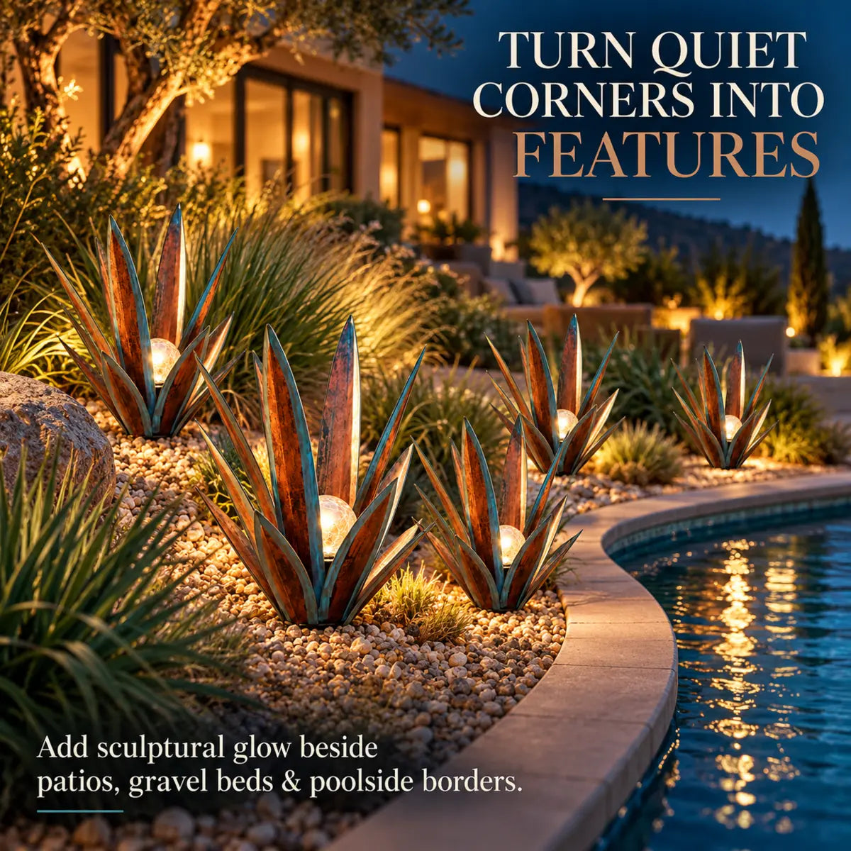 Solar agave garden lights creating a sculptural poolside display at night