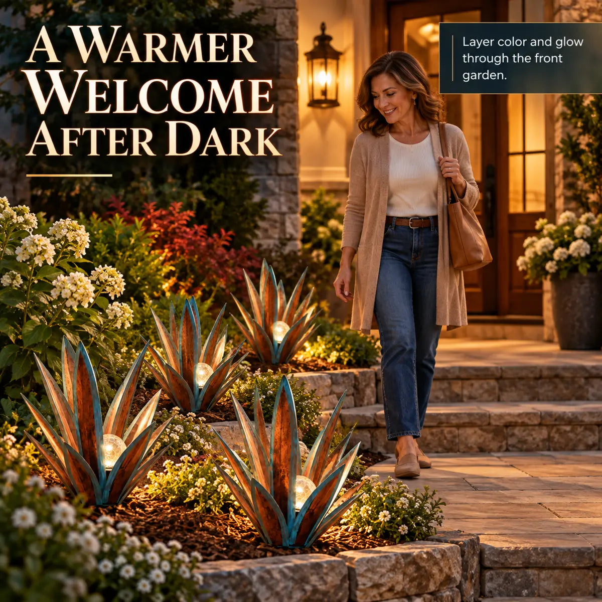 Solar agave lights brightening a front garden near the entry path at dusk