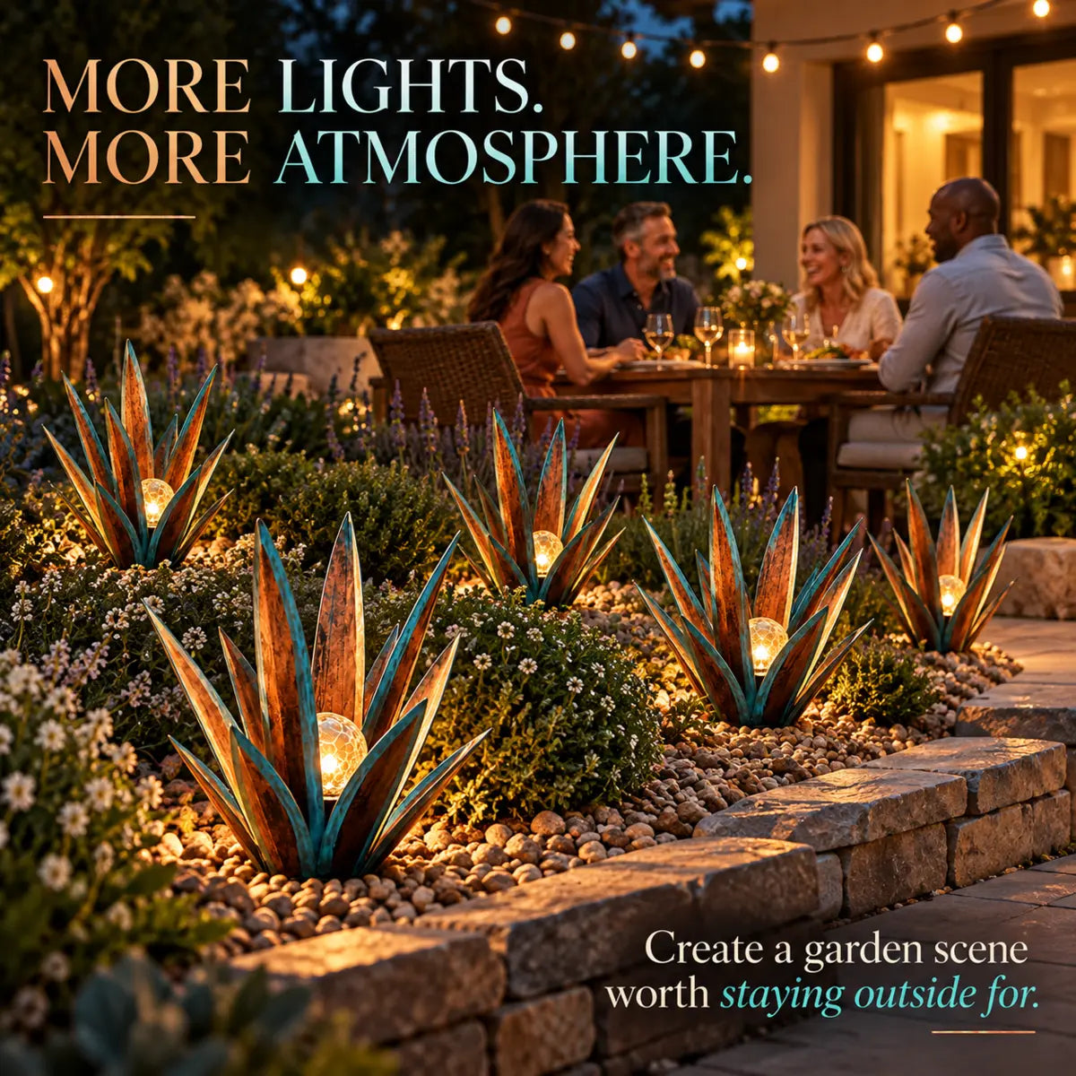Multiple solar agave lights creating an inviting patio and garden atmosphere
