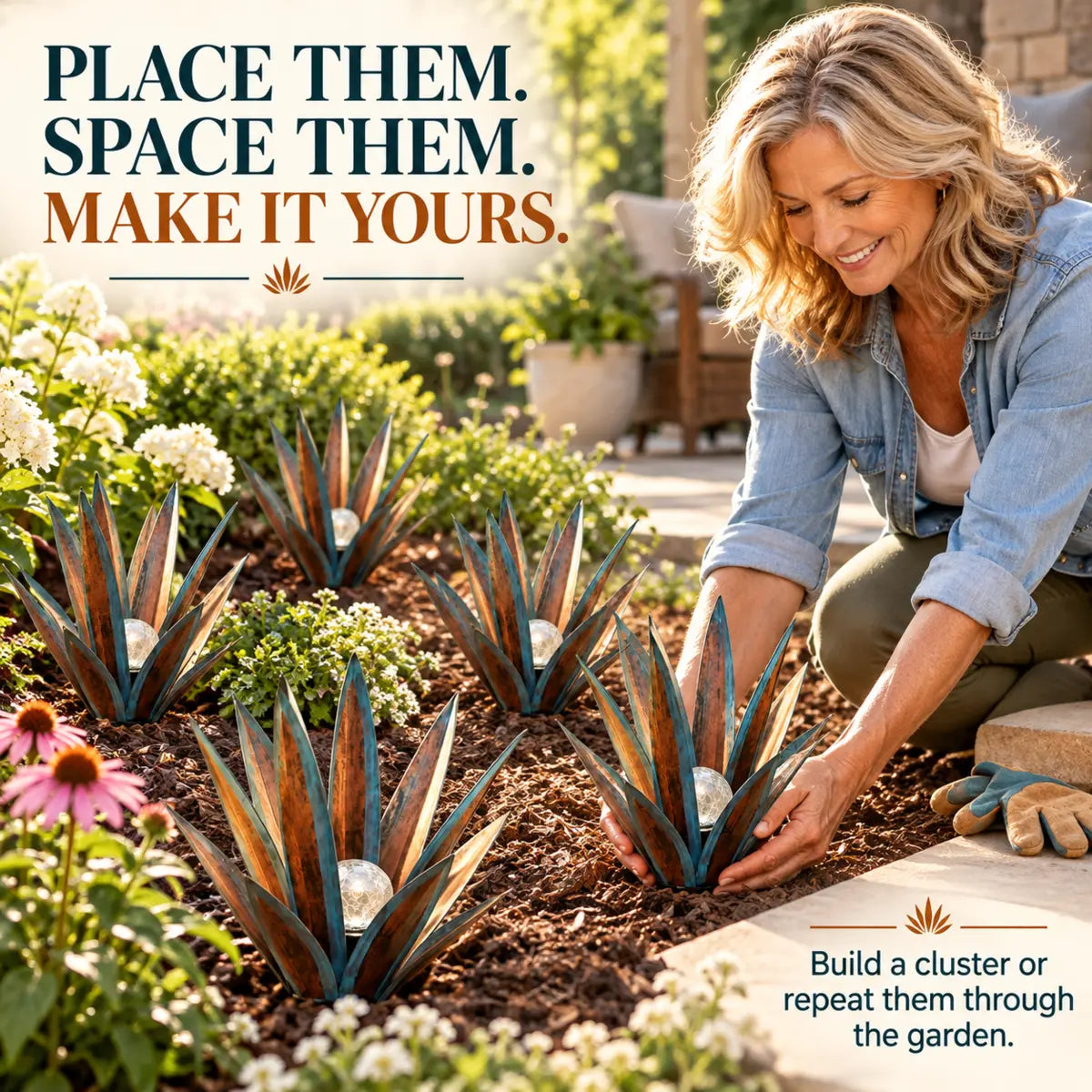 Styling and spacing solar agave lights in a landscaped garden bed