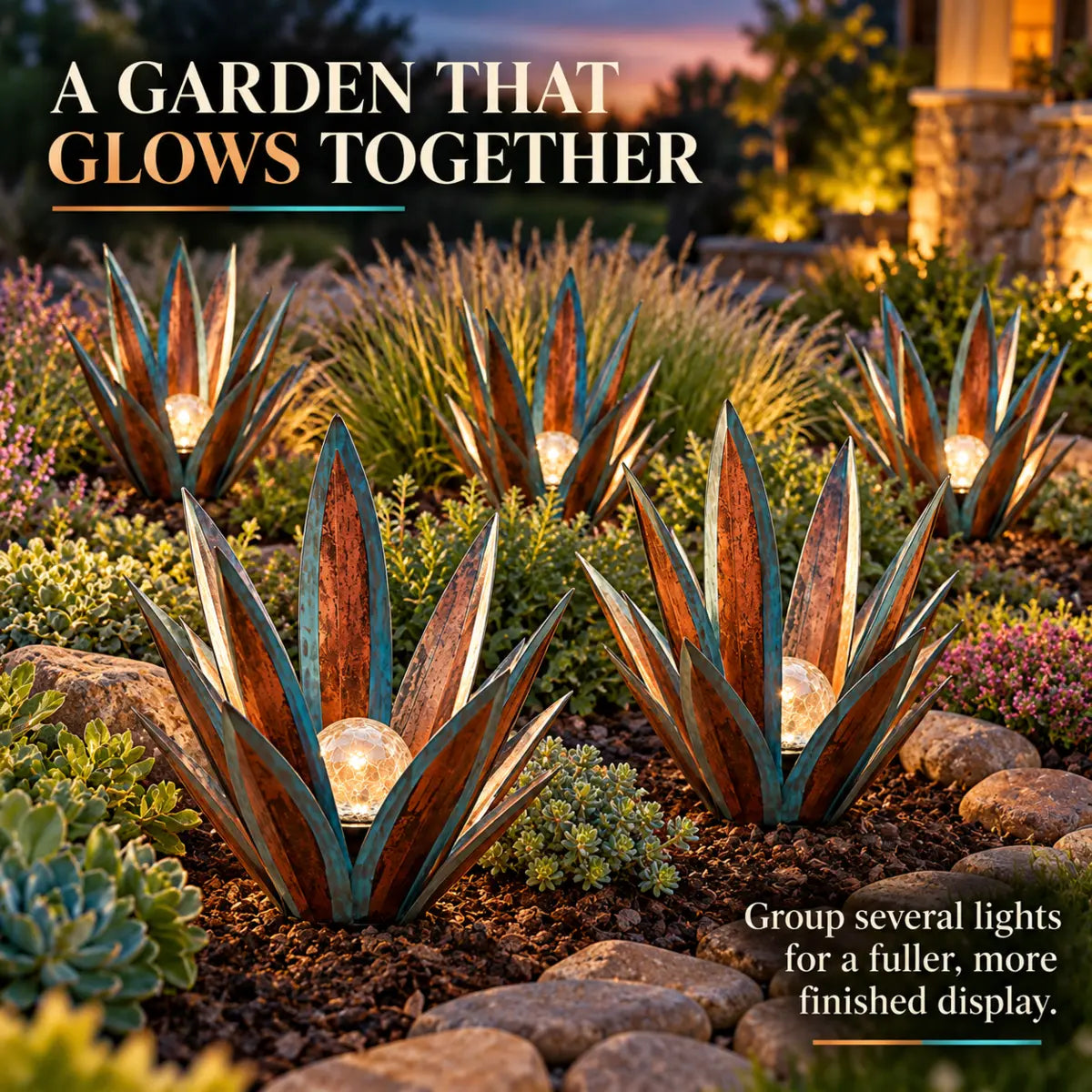 Grouped agave garden lights making a full glowing landscaped display