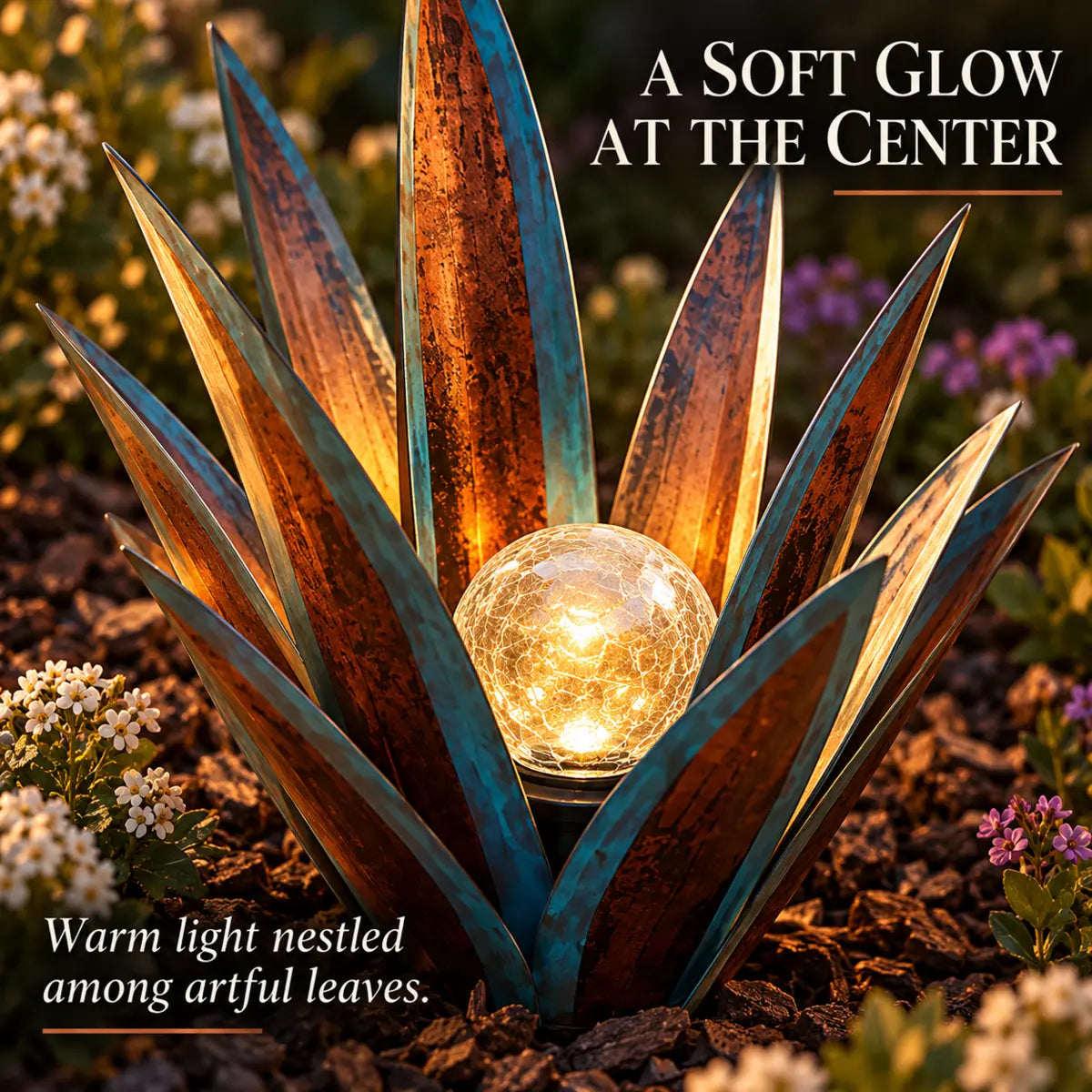Close-up detail of the glowing globe center inside the agave style light