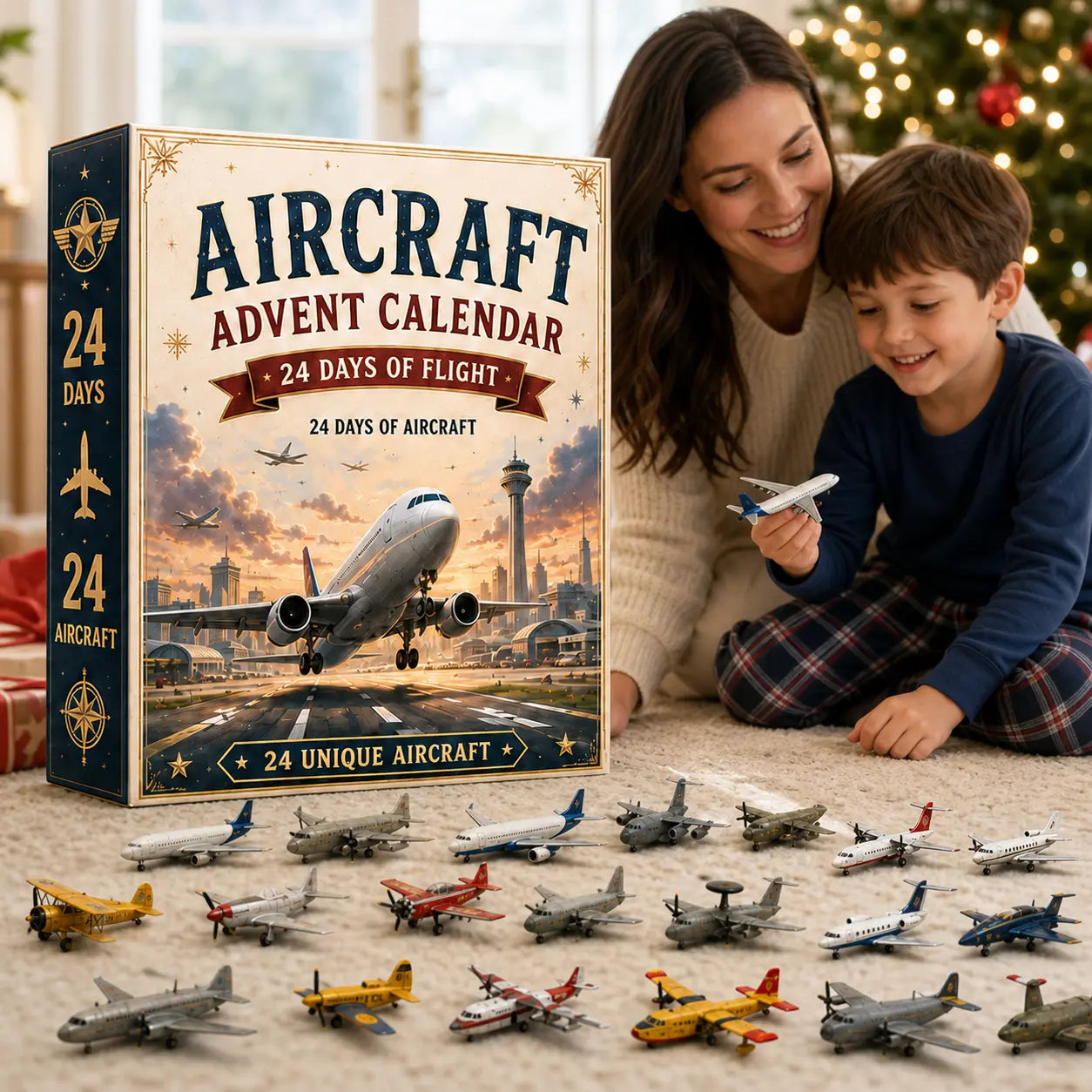 Mother and child discovering different miniature aircraft from the calendar