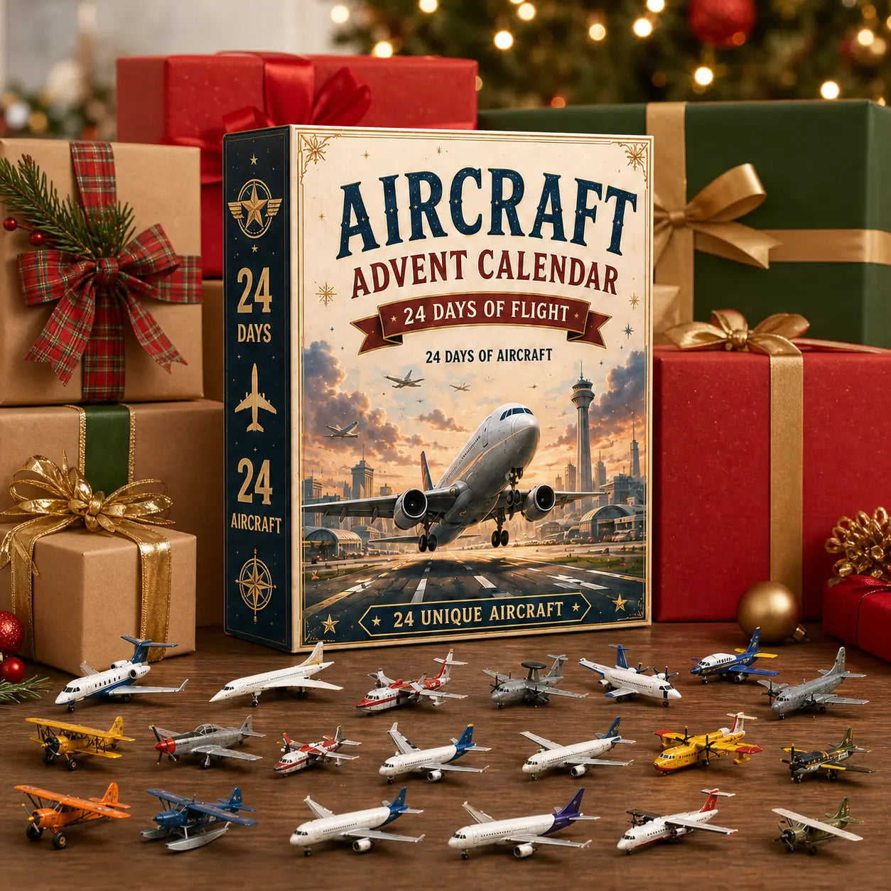 Aircraft advent calendar arranged as a Christmas gift with its miniature planes