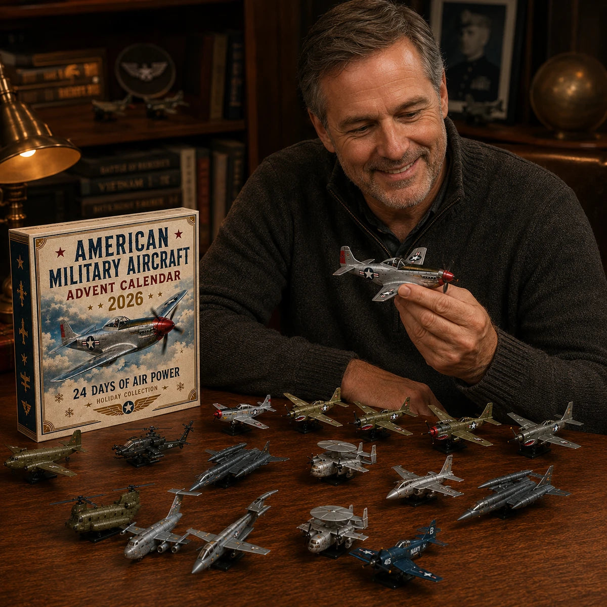 Adult aircraft enthusiast examining a miniature from the advent calendar
