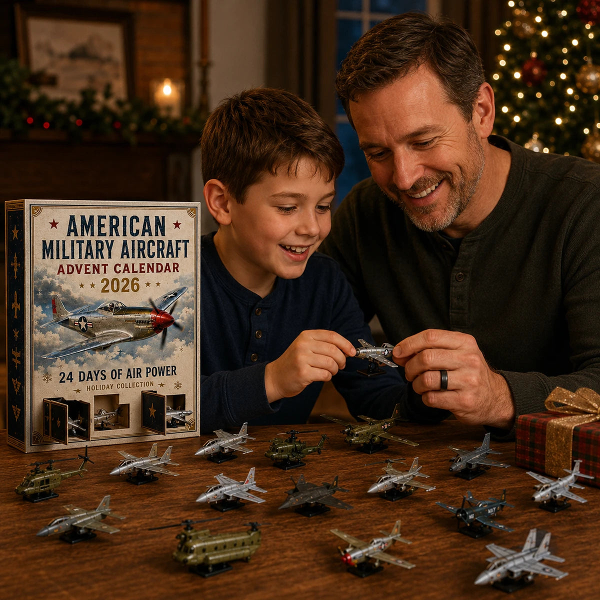 Father and child discovering miniature aircraft from an aviation advent calendar