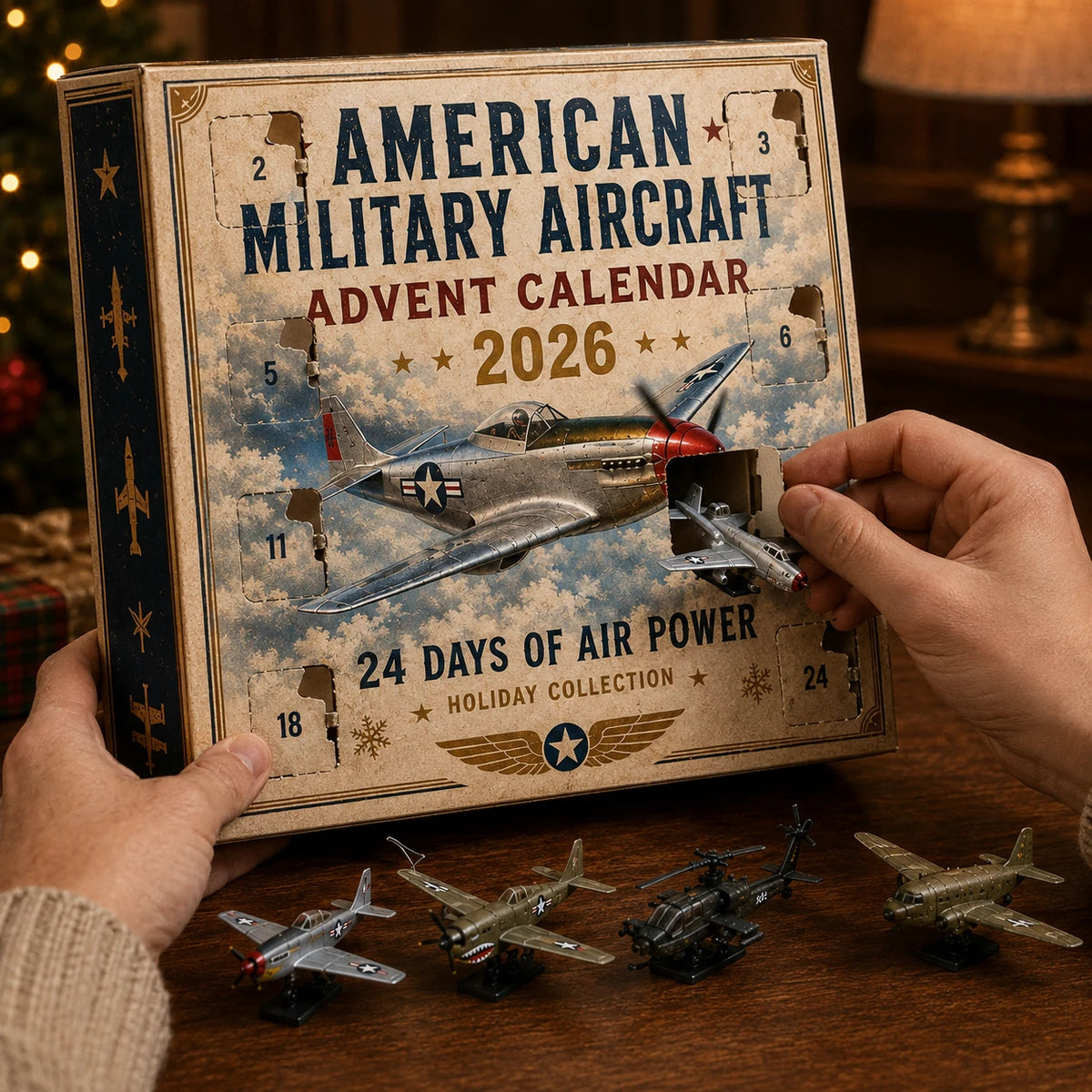 Opening a numbered door to reveal an aircraft-inspired miniature