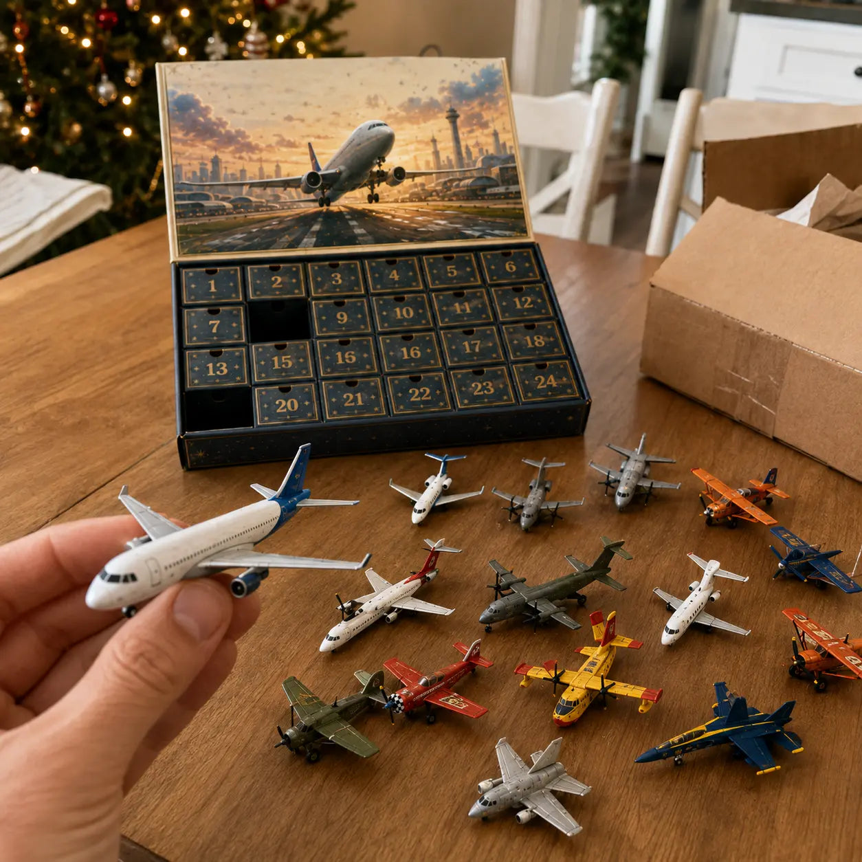 Customer unboxing the aircraft advent calendar and holding a miniature passenger jet