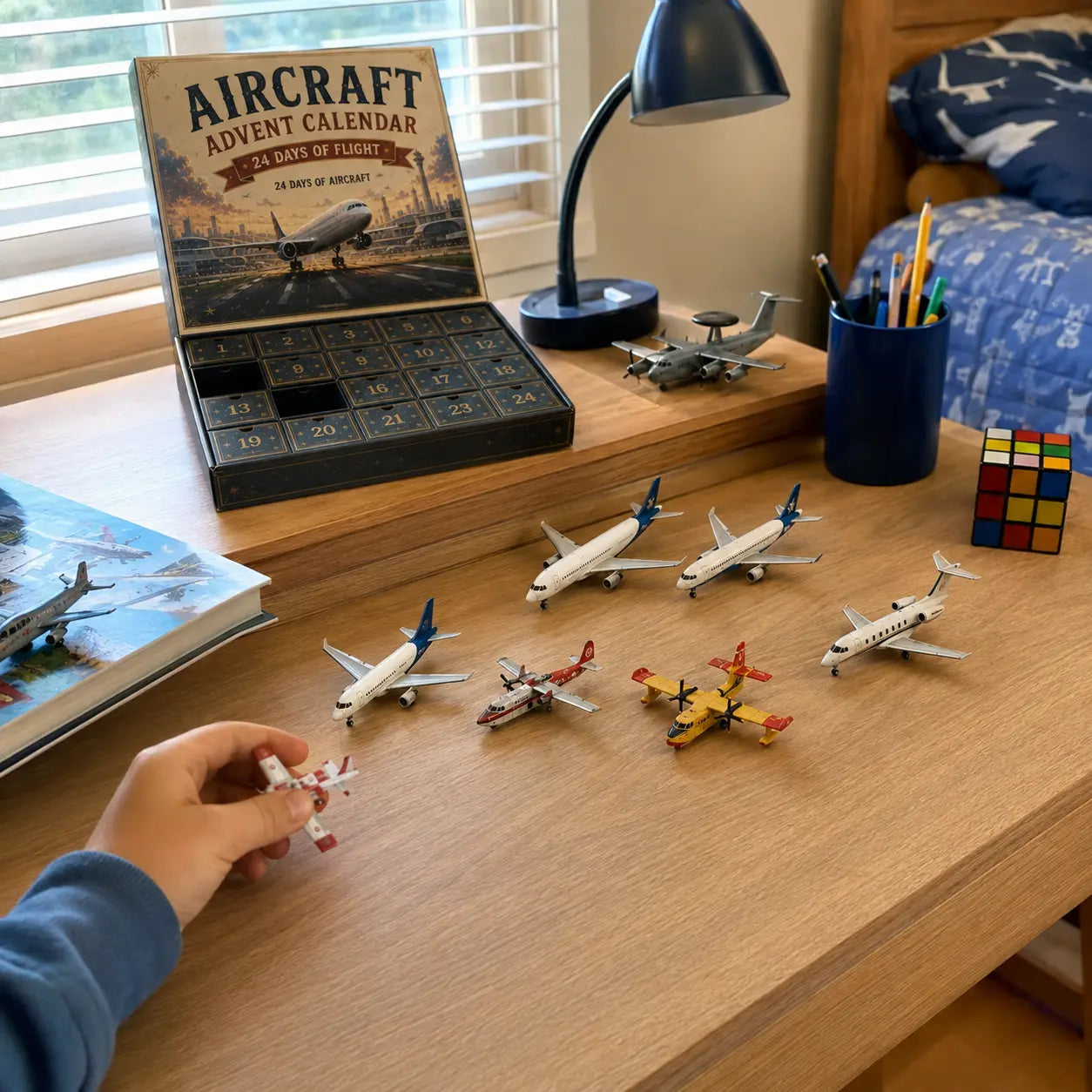 Customer photo of the aircraft calendar and miniature fleet on a child’s desk