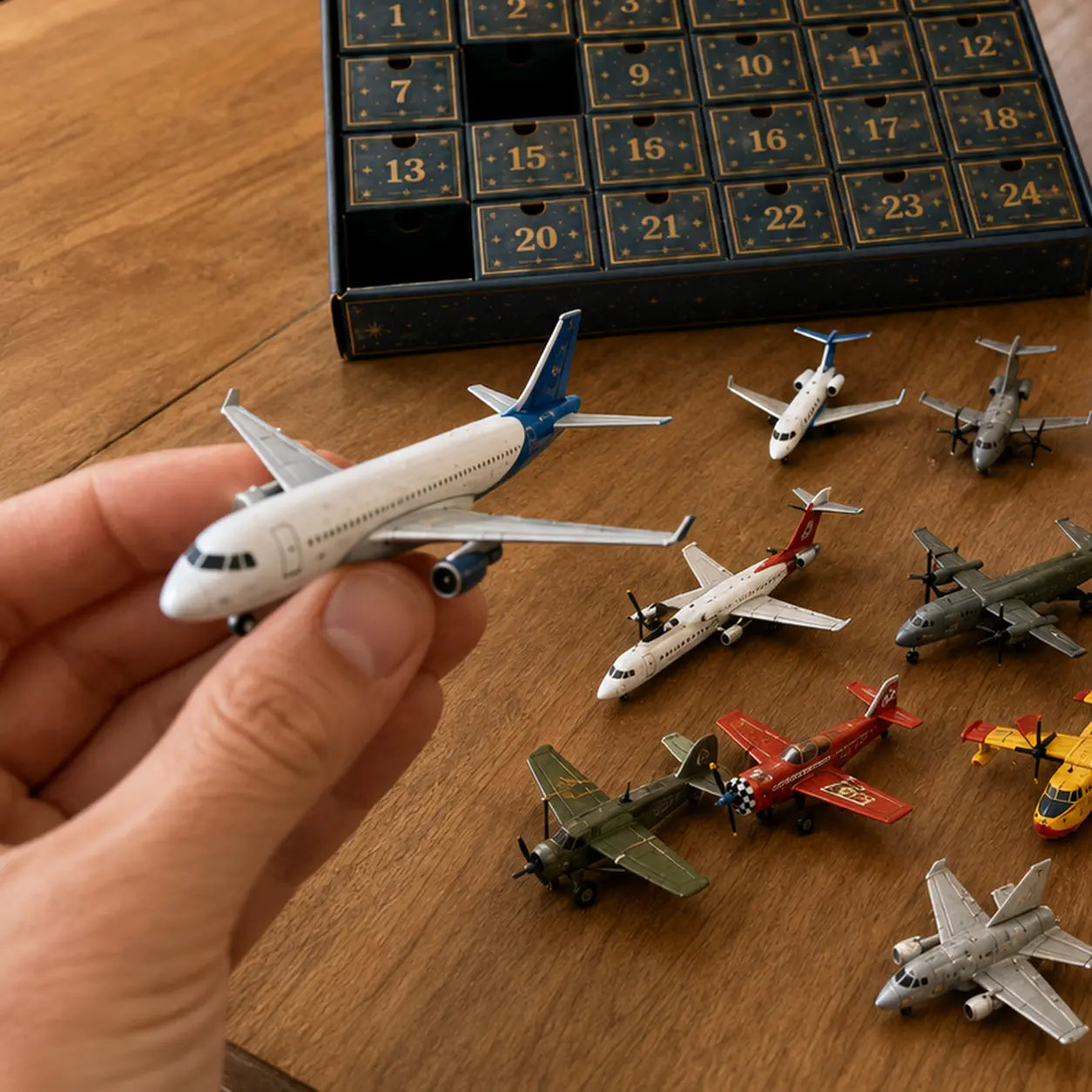 Close customer view of a miniature passenger jet and several aircraft from the set