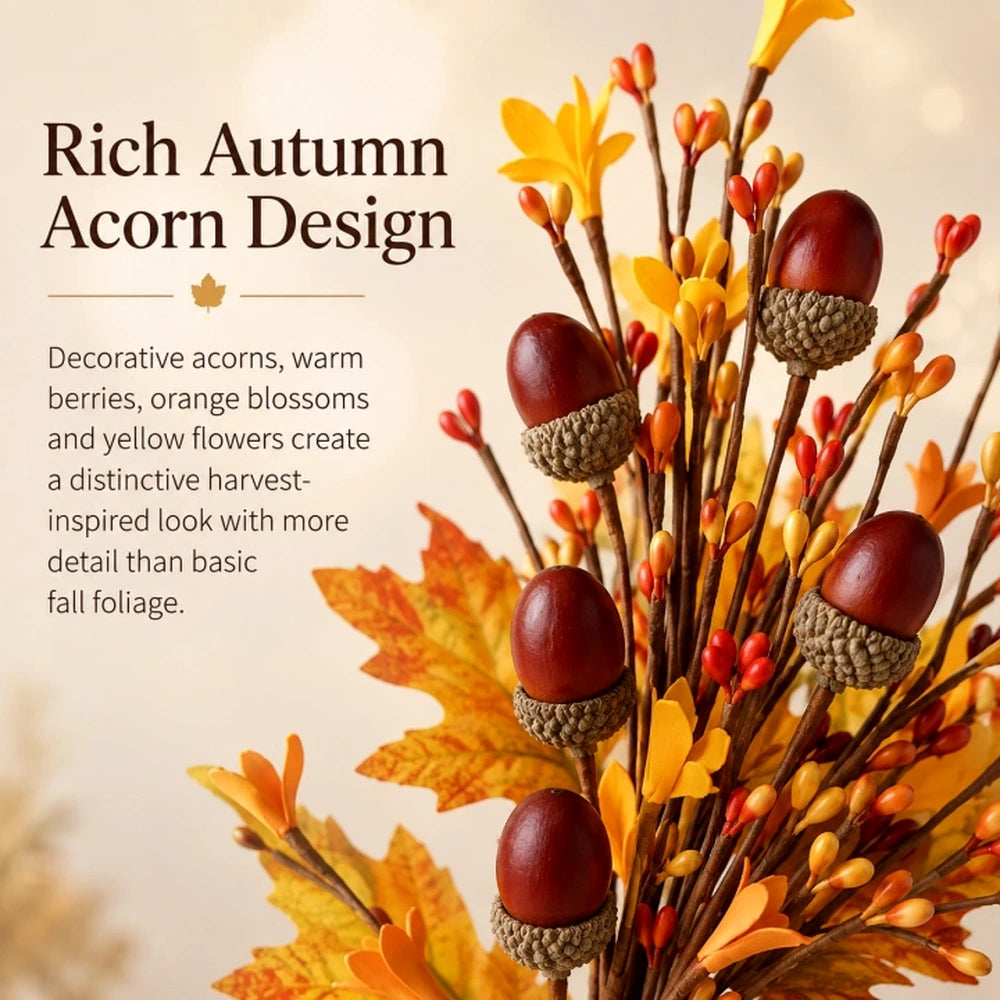 Close-up of decorative acorn details on autumn floral stems