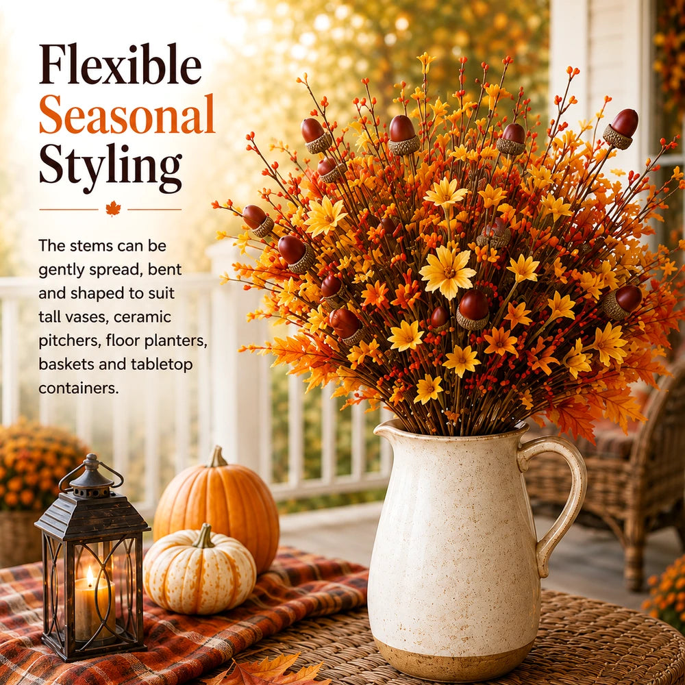 Autumn acorn arrangement in ceramic pitcher on porch