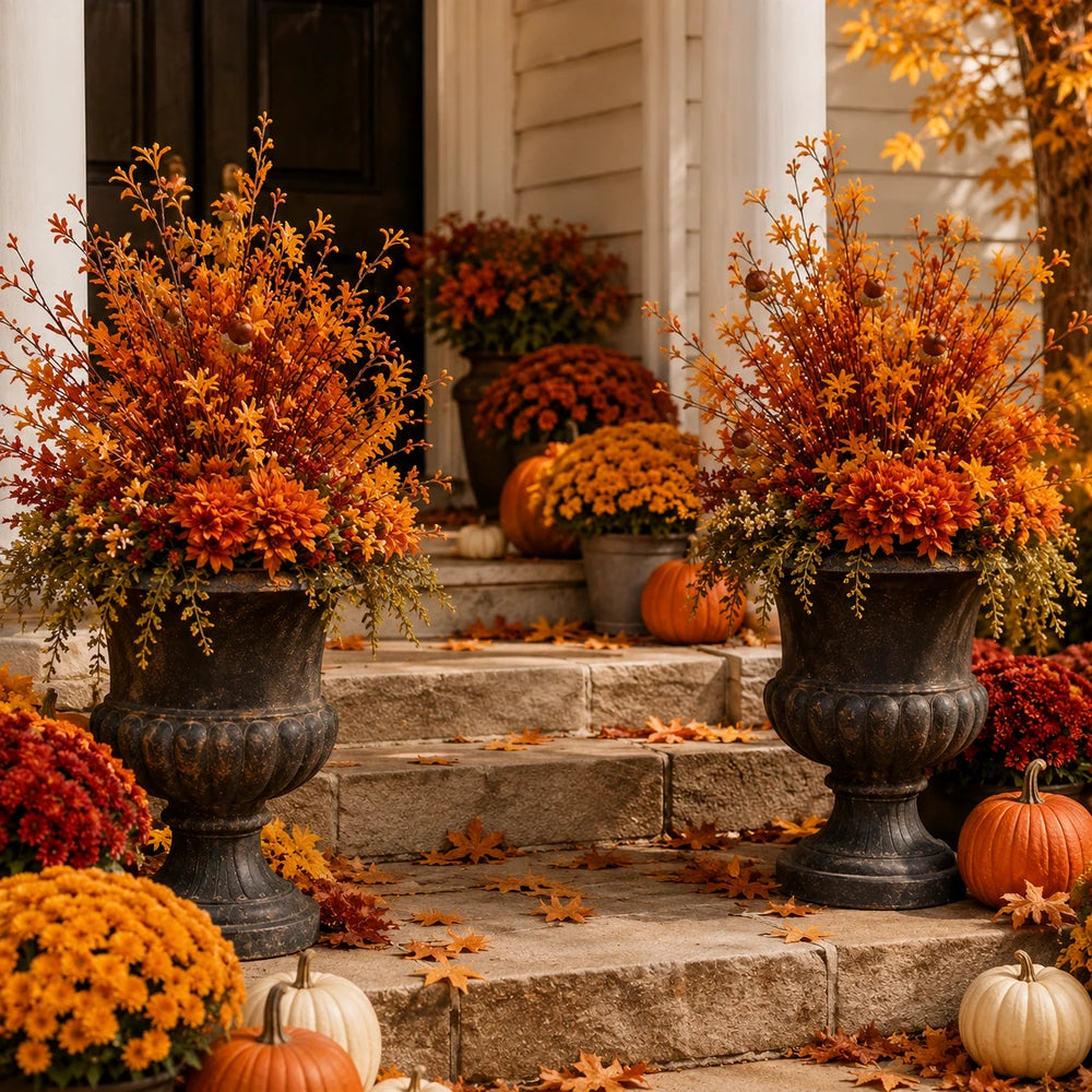Two autumn urn planters with artificial fall acorn floral arrangements